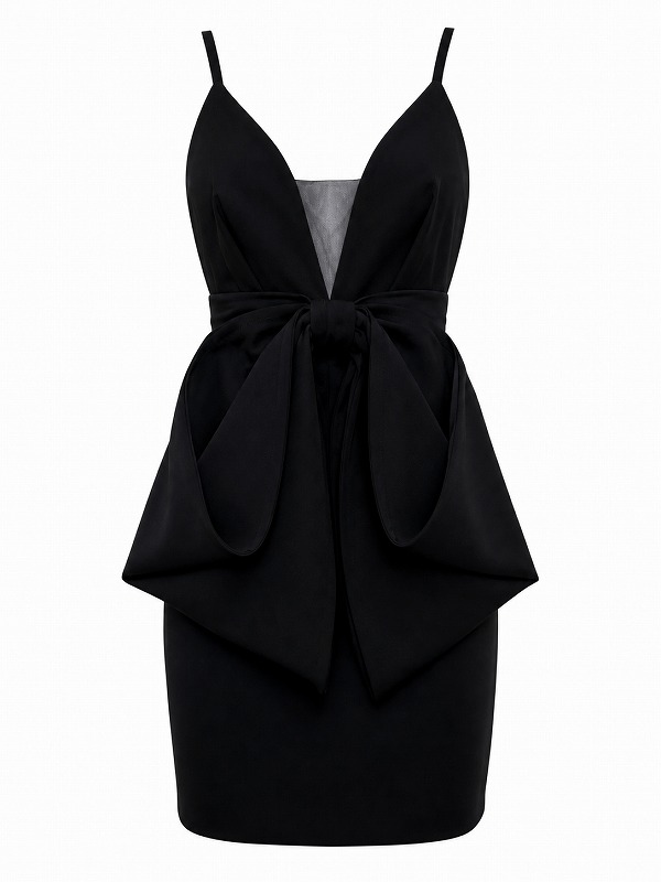 【新品DRESS 1642】ビッグリボンペプラムタイトミニドレス ブラック【ELISABETTA FRANCHI】